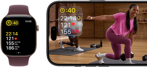 Apple Watch neben einem iPhone mit Apple Fitness+ Kurs auf dem Display