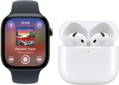 Apple Watch Series 12, Aluminiumgehäuse, Farbe Schwarz, Sportarmband in Schwarz, Apple Music App geöffnet, gekoppelt mit AirPods 4