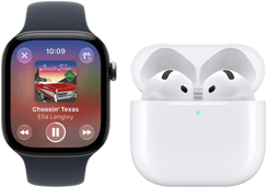 Apple Watch Series 12, Aluminiumgehäuse, Farbe Schwarz, Sportarmband in Schwarz, Apple Music App geöffnet, gekoppelt mit AirPods 4