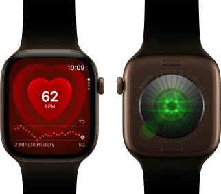 Zwei Apple Watch Series 12 Geräte, Aluminiumgehäuse, Farbe Dunkelbronze mit Sportarmband Oliv, eine zeigt die Herzfrequenz App, die andere das System zur Gesundheitserkennung auf der Rückseite der Watch mit grün leuchtenden LEDs