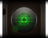 Rückseite der Apple Watch Series 12, Aluminiumgehäuse, Farbe Dunkelbronze, mehrere runde Sensoren mit grün leuchtenden LEDs, linke Seitenansicht, Digital Crown, Sportarmband, Farbe Oliv