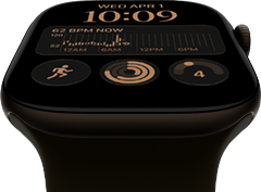 Apple Watch Series 12, Aluminiumgehäuse, Farbe Dunkelbronze, Modular Zifferblatt, Komplikationen: Tag und Datum, Trainings, Aktivitätsringe, Apple Music, rechte Seitenansicht, Digital Crown, Sportarmband, Farbe Oliv