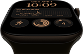 Apple Watch Series 12, Aluminiumgehäuse, Farbe Dunkelbronze, Modular Zifferblatt, Komplikationen: Tag und Datum, Trainings, Aktivitätsringe, Apple Music, rechte Seitenansicht, Digital Crown, Sportarmband, Farbe Oliv