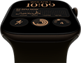 Apple Watch Series 12, Aluminiumgehäuse, Farbe Dunkelbronze, Modular Zifferblatt, Komplikationen: Tag und Datum, Trainings, Aktivitätsringe, Apple Music, rechte Seitenansicht, Digital Crown, Sportarmband, Farbe Oliv