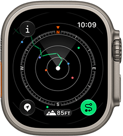 Apple Watch Ultra 4, Titangehäuse, Farbe Natur, Backtrack zeigt Route mit Kompass Wegbeschreibungen, rechte Seitenansicht, Digital Crown, erhöhte Seitentaste