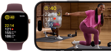 Eine Apple Watch neben einem iPhone mit einem Apple Fitness+ Training auf dem Display
