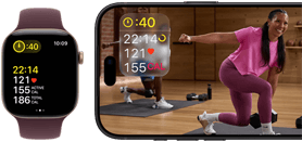 Eine Apple Watch neben einem iPhone mit einem Apple Fitness+ Training auf dem Display