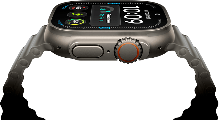 Apple Watch Ultra 4, Titangehäuse, Farbe Natur, digitales Zifferblatt, Komplikationen: Tagesform, Herzfrequenz, Trainings, Temperatur, rechte Seitenansicht, Digital Crown, erhöhte Seitentaste, Ocean Armband, Farbe Halbtransparentes Grau