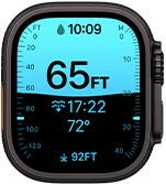 Apple Watch Ultra 4, Titangehäuse, Farbe Schwarz, Tiefe App zeigt Messwerte fürs Tauchen, rechte Seitenansicht, Digital Crown, erhöhte Seitentaste