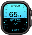 Apple Watch Ultra 4, Titangehäuse, Farbe Schwarz, Tiefe App zeigt Messwerte fürs Tauchen, rechte Seitenansicht, Digital Crown, erhöhte Seitentaste