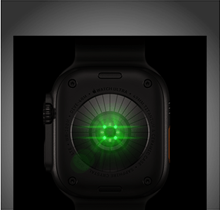 Rückseite der Apple Watch Ultra 4, Titangehäuse, Farbe Schwarz, mehrere runde Sensoren mit grün leuchtenden LEDs