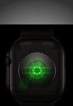 Rückseite der Apple Watch Ultra 4, Titangehäuse, Farbe Schwarz, mehrere runde Sensoren mit grün leuchtenden LEDs