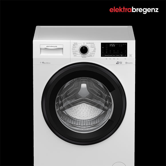 1-10kg Waschmaschine von elektrabregenz auf schwarzem Hintergrund und Logo elektrabregenz. 
